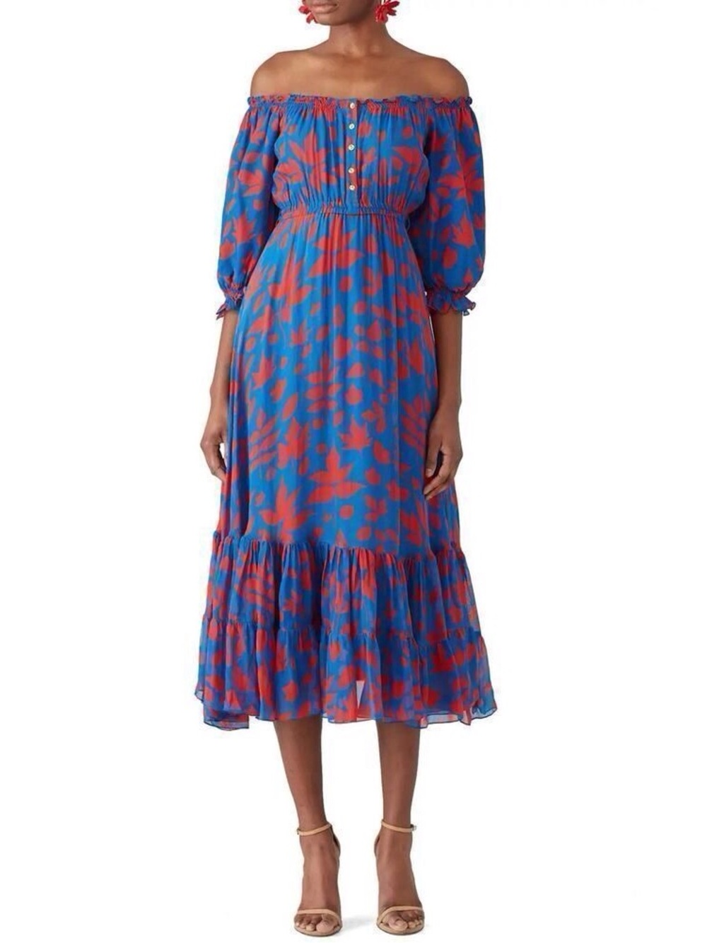 Off-Shoulder Blue Floral Midi Dress with Red Print